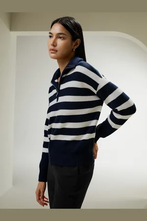 Lilysilk Maglione Di Lana Navy Con Strisce Bianche Colletto A Polo Con Zip A Un Quarto Di Dollaro 100% Lana Incredibilmente Morbido E Caldo M