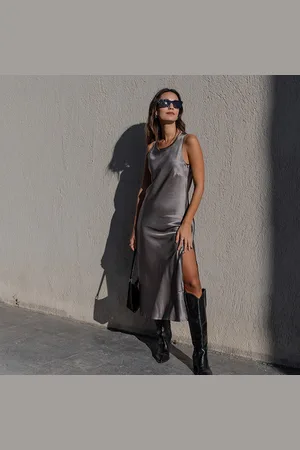 Lilysilk Abito Seta Donna Grigio Scuro Spacco Laterale, Vestibilità Regolare 100% Seta Pura Privo Di Sostanze Chimiche Nocive 38