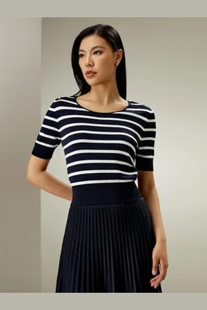 Lilysilk Crop Top In Maglia Di Seta A Righe Di Colore Contrastante Navy Con Strisce Bianche M