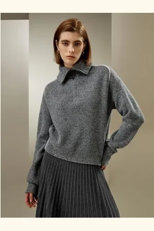 Lilysilk Maglione A Coste Con Mezza Zip In Cashmere Grigio Misto M