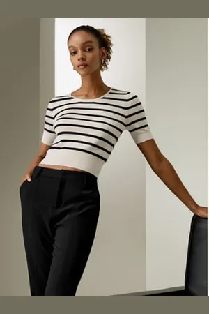 Lilysilk Crop Top In Maglia Di Seta A Righe Di Colore Contrastante Con Strisce Nere L