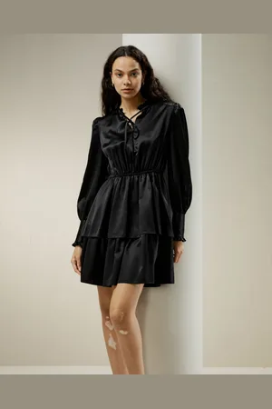 Lilysilk Abito In Seta Nera Da Donna, Maniche A Sbuffo, Collo A Cravatta, 100% Seta, Naturalmente Antibatterico, 36