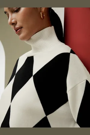 Lilysilk Maglione 100 Lana Donna Diamante Bianco E Motivo Geometrico A Rombi Lana Merino Ultra Fine Eleganza Senza Tempo E Stile Sofisticato M