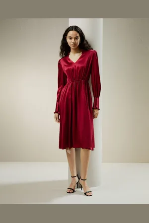 Lilysilk Abito Donna In Seta Rossa, Elegante Scollo A V, Maniche Arricciate, 100% Seta, Senza Sostanze Chimiche Nocive, Vino 34