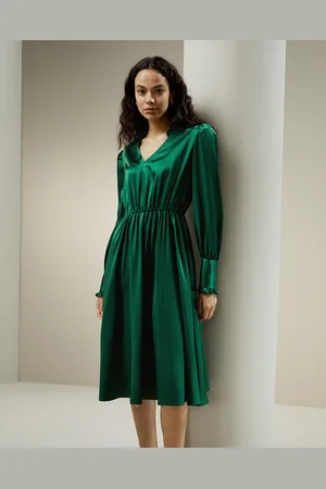 Lilysilk Abito Corto Da Donna In Seta, Elegante Scollo A V, Maniche Arricciate, 100% Seta, Termoregolazione, Giada 40