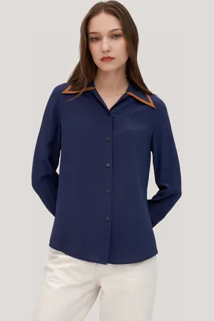 Lilysilk Camicie Seta Donna -Marino Colletto A Punta E Orlo Con Spacco 18 Momme Seta Delicato Sulla Pelle E Traspirante L