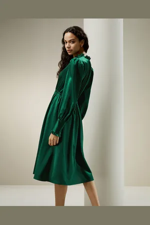 Lilysilk Abito Da Sera In Seta, Elegante Scollo A V, Maniche Arricciate, 100% Seta, Leggero E Traspirante, Giada 42
