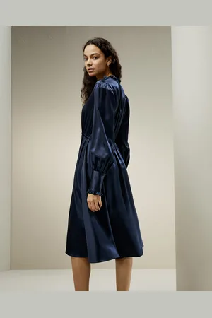 Lilysilk Abito Da Donna In Seta, Maniche Arricciate, Scollo A V, Mamma In Seta, Leggero E Resistente Alle Rughe, Navy 42