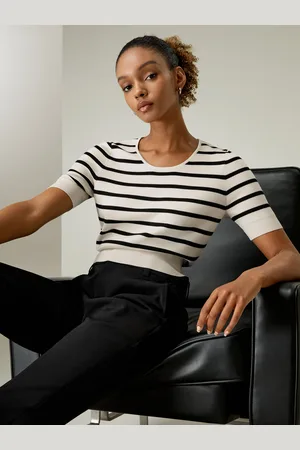 Lilysilk Top Di Seta Eleganti Righe Di Colore Contrastanteseta Seta Semplice Ma Raffinato Leggermente Elastica Con Strisce Nere Xs