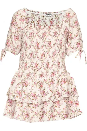 Glamorous Mini Abito Bianco con Stampa Bucolica Rosa