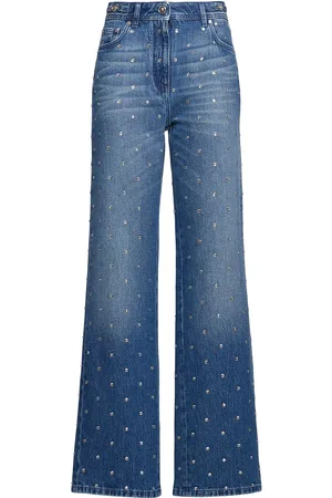 VERSACE Jeans Dritti In Denim Di Cotone / Cristalli