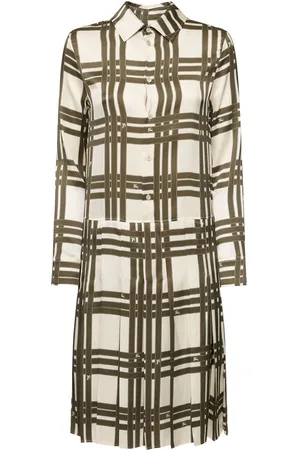 Burberry Vestito Chemisier In Seta Mulberry Check Plissé