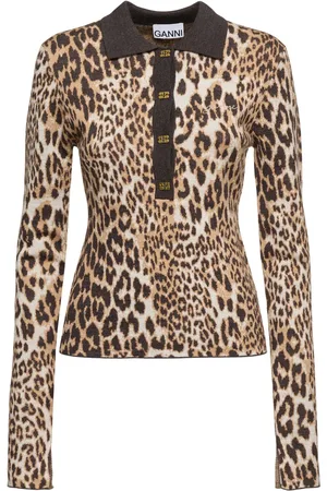 Ganni Polo In Lana Jacquard Leopardata
