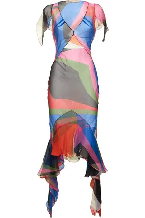 Puccini Vestito Midi Goccia In Crepe Stampato Con Ruches