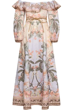 ZIMMERMANN Vestito Midi Wylie In Lino Con Spalle Scoperte