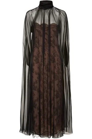 VALENTINO Vestito Midi In Chiffon Di Seta Con Pizzo