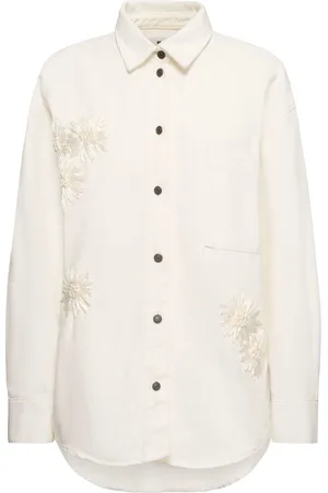 Msgm Camicia In Denim Di Cotone Con Ricami