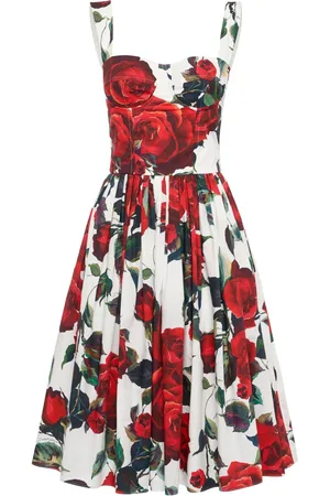 Dolce & Gabbana Vestito Midi In Popeline Con Rose Stampate