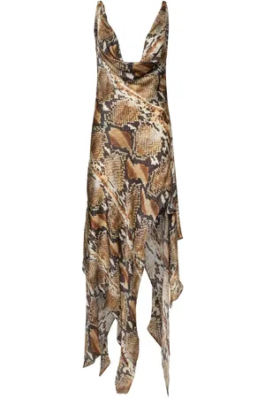 Roberto Cavalli Vestito Lungo In Raso E Chiffon Di Seta Con Stampa