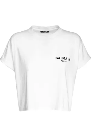 Balmain T-shirt Cropped In Cotone / Logo Floccato