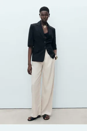 MANGO Pantaloni lino bottone tartaruga
