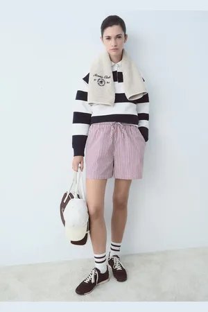 MANGO Short popeline righe messaggio ricamato