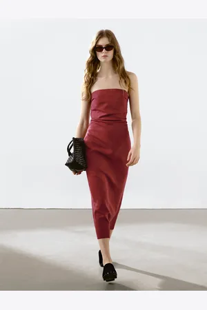 Massimo Dutti Vestito Midi Senza Spalline In Lino
