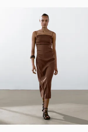 Massimo Dutti Vestito Midi Arricciato In Misto Lino