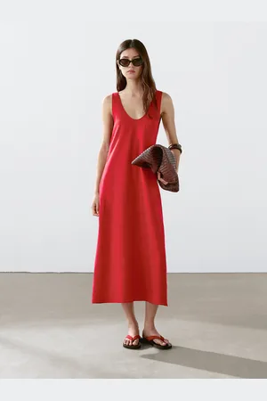 Massimo Dutti Vestito Midi Con Scollo Rotondo 100% Lino