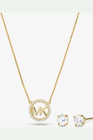 Michael Kors MK Set orecchini a bottone e collana in argento sterling placcato rosa 14K con ciondolo, logo e pavé