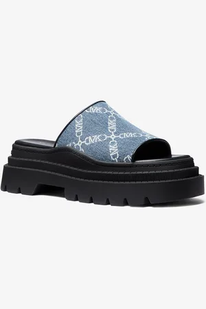 Michael Kors MK Sandalo slide Kendra in denim jacquard con logo Empire Diamond