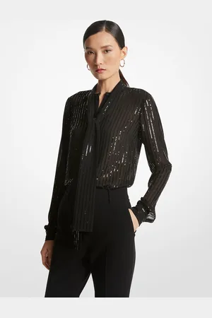 Michael Kors MK Blusa gessata in georgette con colletto con nastro e paillettes