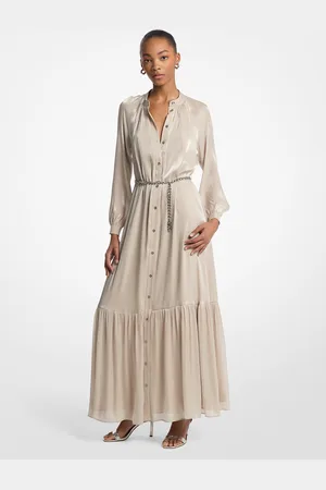 Michael Kors MK Abito a caftano in georgette increspata effetto metallizzato con cintura
