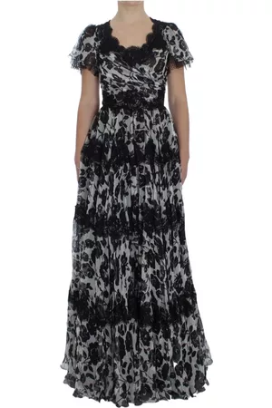 Dolce & Gabbana Donna Vestiti stampati - Black Silk Floral Lace Ricamo Ball Maxi Dress Nero, Donna, Taglia: S