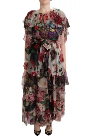Dolce & Gabbana Donna Vestiti lunghi a fiori - Multicolor Fiori Long Maxi Gown Ruffled Dress Multicolore, Donna, Taglia: S
