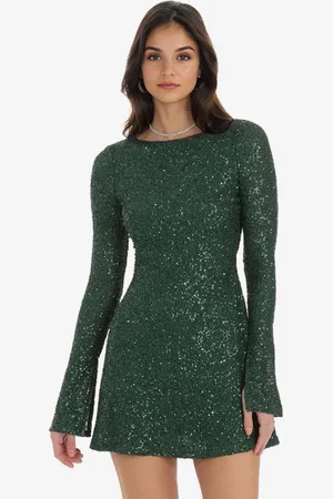 milanoo.com Mini abito con paillettes schiena scoperta maniche lunghe abito da festa di compleanno a trapezio per donna 2025