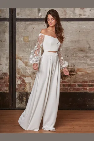 milanoo.com Abito da sposa in due pezzi Pizzo in poliestere Scollo a barchetta A-Line Abito da sposa al pavimento Bottoni funzionali Maniche lunghe Lungo