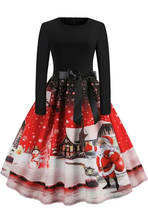 milanoo.com Vestiti Anni 50 donna Rosso con motivo natalizio a pieghe di poliestere maniche lunghe con scollo tondo lungo fino al ginocchio Inverno Autunno