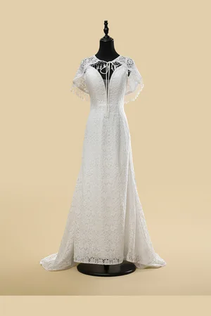 milanoo.com Abito da sposa boho con frange in pizzo tubino con strascico vita naturale cerniera senza maniche scollo a V avorio