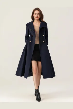 milanoo.com Cappotto svasato in lana per donna con collo alto blu navy scuro vintage doppiopetto invernale midi 2025