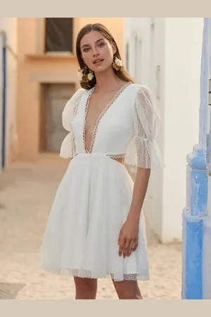 milanoo.com Mini abito da sposa Abiti da sposa corti Scollo a V Mezze maniche Corto Corto Abito da sposa corto