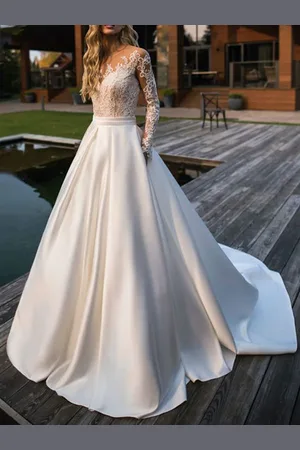 milanoo.com Abito da sposa principessa silhouette gioiello collo maniche lunghe pizzo abiti da sposa in tessuto di raso