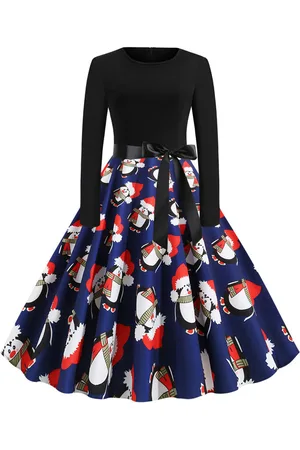milanoo.com Vestiti Anni 50 con motivo natalizio Abiti donna maniche lunghe abiti anni 50 con scollo tondo di poliestere Autunno di retro