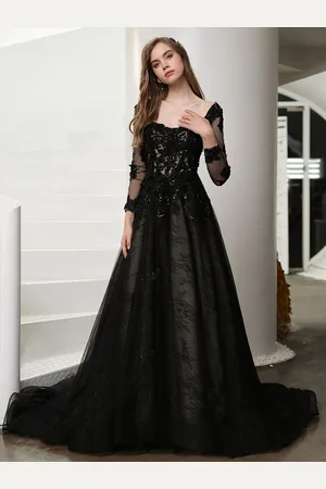 milanoo.com Abiti da Sposa Neri di pizzo smanicato con scollo a cuore Abito da sposa gotico