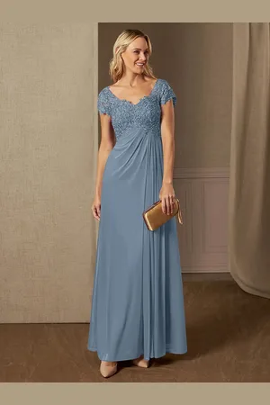 milanoo.com Abito da festa per la madre della sposa scollo a V maniche corte linea ad A abiti da cerimonia nuziale in pizzo