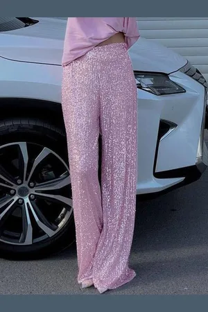 milanoo.com Pantaloni scintillanti Pantaloni chic da donna con paillettes a gamba larga a vita alta