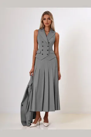 milanoo.com Completo da ufficio in due pezzi per donna gilet con revers doppiopetto e gonna lunga plissettata completo estivo 2025