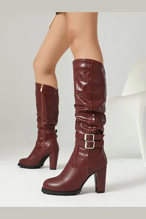 milanoo.com Stivali alti fino al ginocchio da donna in pelle PU con fibbia stivali alti fino al ginocchio tacco spesso