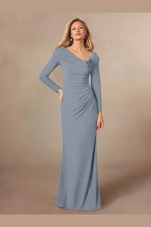 milanoo.com Abito da festa per la madre della sposa scollo a V maniche lunghe abiti da cerimonia nuziale a pieghe lunghi fino al pavimento
