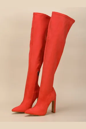 milanoo.com Stivali sopra il ginocchio da donna Stivali alti alla coscia con tacco grosso e punta a punta in micro pelle scamosciata arancioni rossi